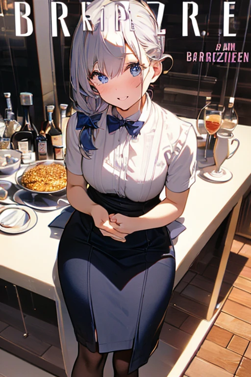 (from above:1.2,Best Quality),a girl , platinum color hair、bartender uniform,Purplish blue eyes that dreamers desire, small stature, medium , Lori face, (masutepiece:1.2, Best Quality), (finely detailed beautiful eye: 1.2), (beautifull detailed face), (perky chest:1.2), (pointed chest:1.1), (bratender magazine cover:1.5)，(Best Illumination, extremely delicate and beautiful), sexy pose,make a coffee , in a bar counter, morning light, Short bob hair（1:3）,Ultra Contrast、Braid a little around the ears, black bartender uniform dress、Sexy and qute pants、You can't see inside your underwear,mocking look、nffsw,Arms crossed、grab the arm、Shoot 、breastuscular pussy、little Pubic hair,high-level image quality、hightquality、8K,perfect hand、5 fingers、finger pin、Perfect Finger,noise cut、Her hair color should have been a brighter blue,(The bartendre skirt dress part is also carefully expressed:1.4)、the skirt is floating in the wind:1.2、Dark purple panties,(with sparkling eyes and a contagious smile),open mouth, highest quality, high resolution,Real World, Natural light,perfect Natural light, Looking at Viewer,