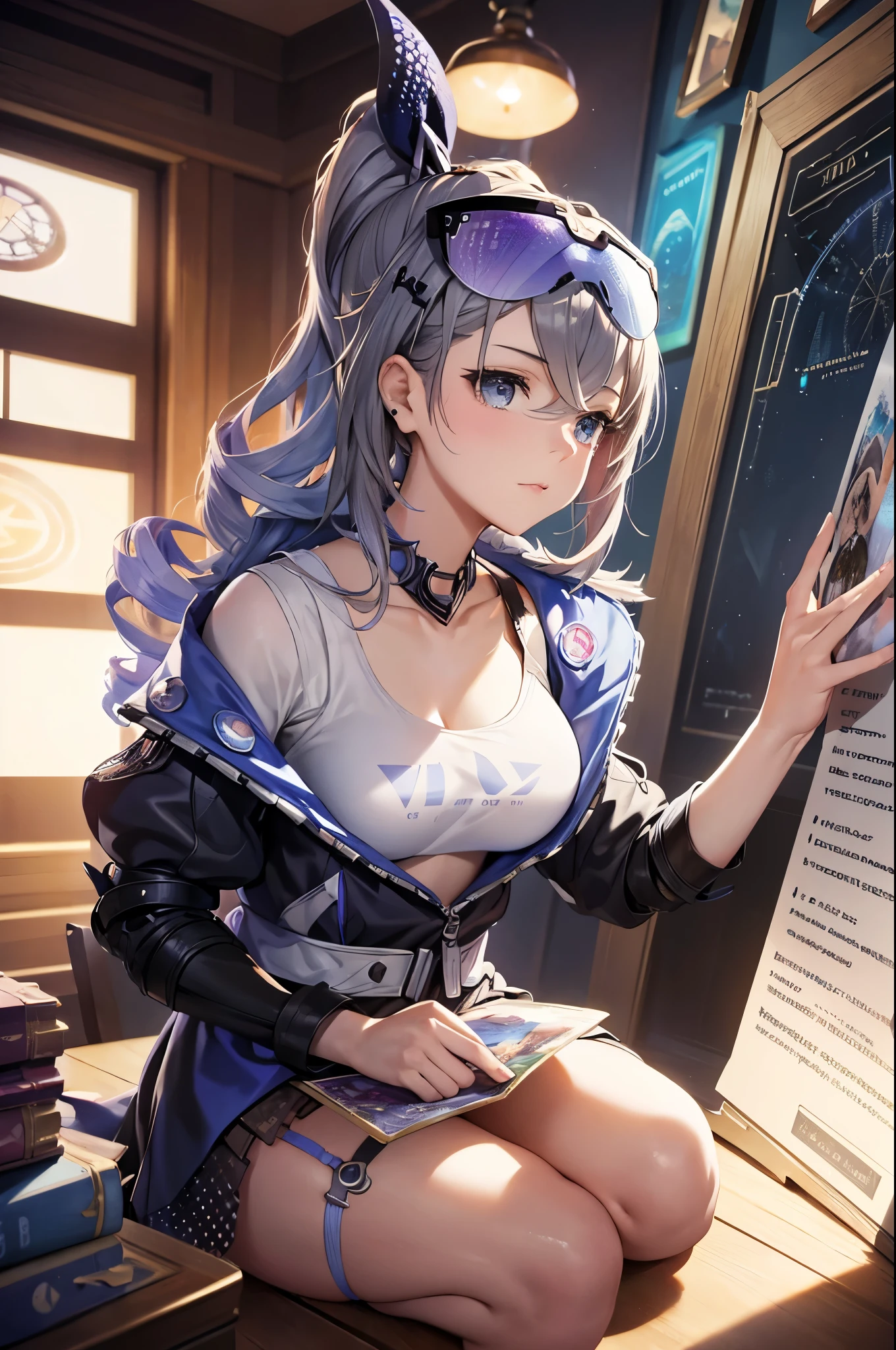top-quality、Top image quality、​masterpiece、girl with((18year old、Best Bust、big bast,Beautiful blue eyes、Breasts wide open, Silver-haired ponytail、A slender,Large valleys、Wearing a hood,Black space suit Blue heart face paint、weightless)),hiquality、Beautiful Art、Background with((Beautiful night sky、shooting stars、comets、stele々、Inside the space station、Giant monitor(earth footage))))、,masutepiece、visualart、depth of fields、
