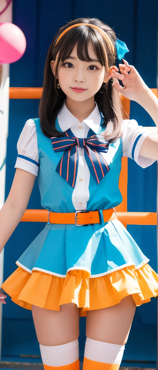 Pure idol girl（ shiny hair）、、Thick legs、striped candy uniform （fluorescent yellow and light blue and orange）、Wonder Belt、、Fancy ruffle shirt 、、Good style、A pure girl&#39;s face