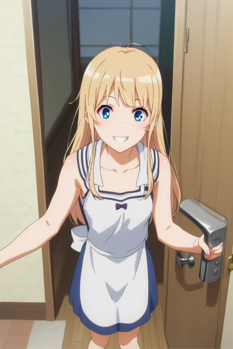 1girl,Eriri blonde hair,blue eyes,sawamura spencer eriri,long hair, small breast,      High Resolution, Masterpiece, High Quality,  anime screencap,  dynamic angle, takeda hiromitsu style,     happy, doorway, greeting, contemporary apartment, apron, pov, smile, sleeveless