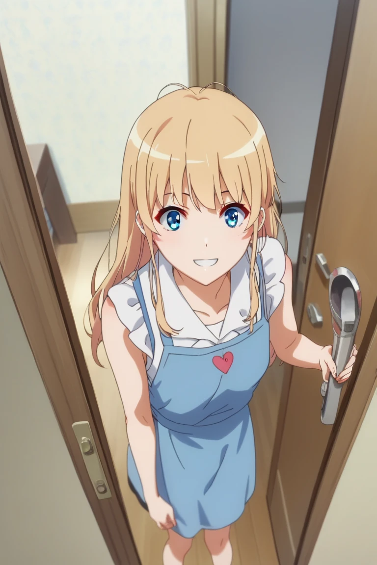 1girl,Eriri blonde hair,blue eyes,sawamura spencer eriri,long hair, small breast,      High Resolution, Masterpiece, High Quality,  anime screencap,  dynamic angle, takeda hiromitsu style,     happy, doorway, greeting, contemporary apartment, apron, pov, smile, sleeveless