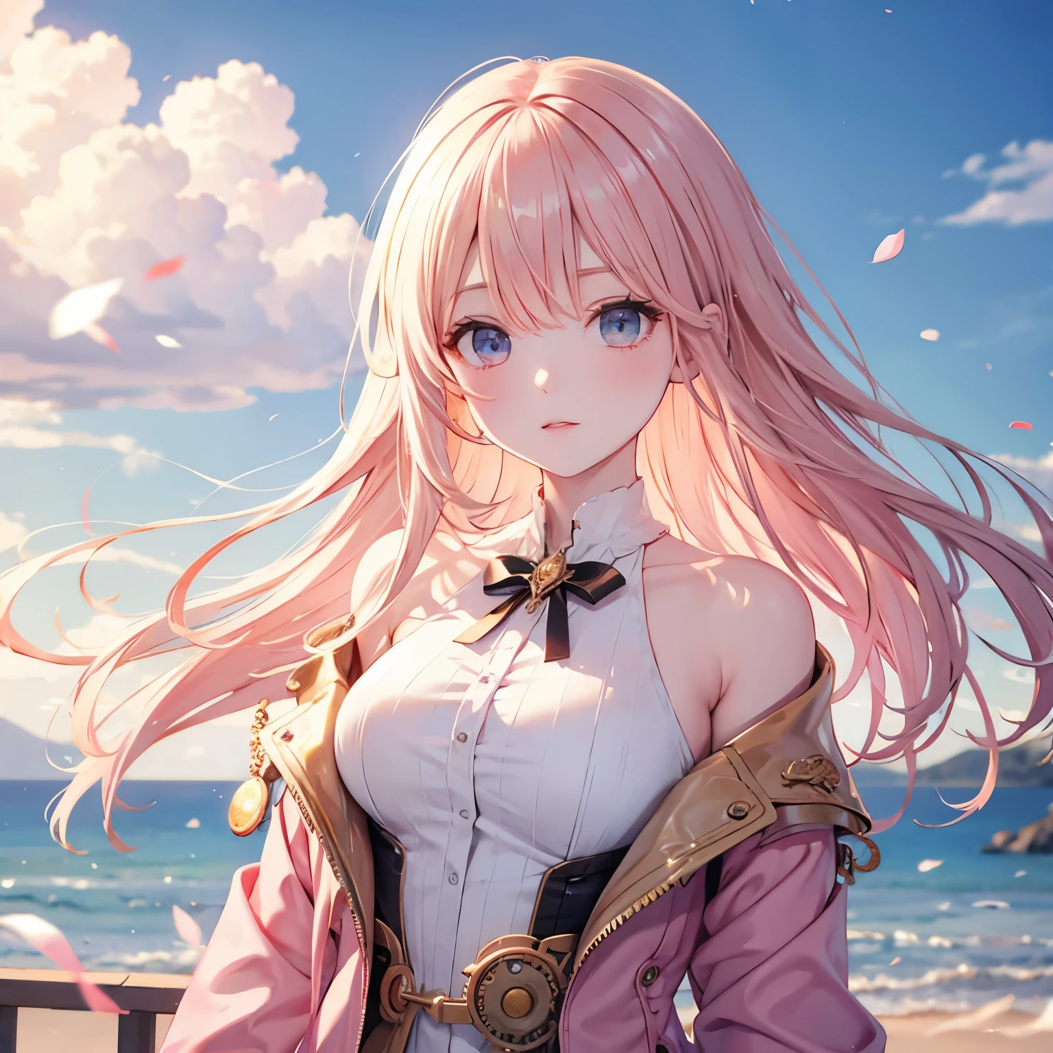  is the best quality, masterpiece,  upper body, Miss, Blonde hair blowing in the wind,  shining eyes, Steampunk nude style, Thin clothes, Pink clothes,  pink hair