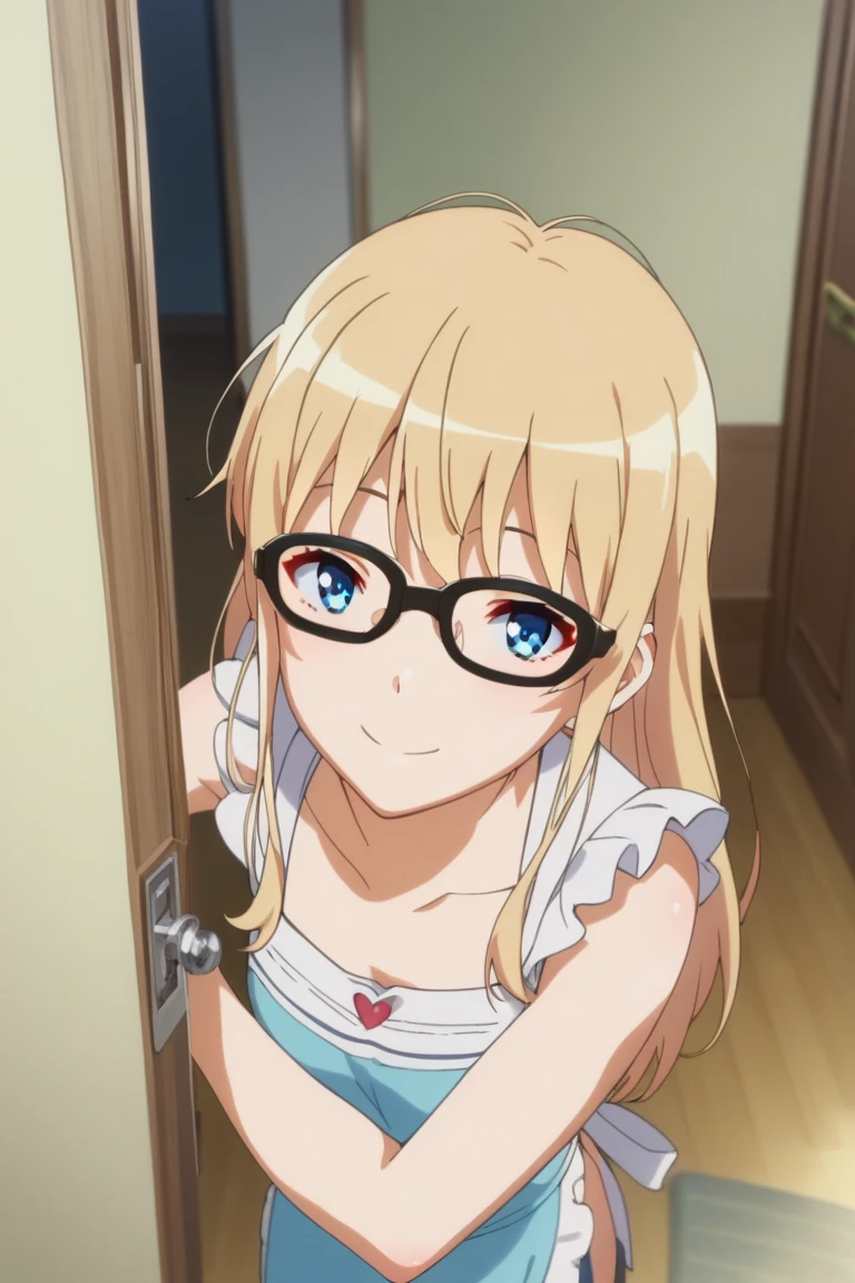 1girl,Eriri blonde hair,blue eyes,sawamura spencer eriri,long hair, small breast, glasses     High Resolution, Masterpiece, High Quality,  anime screencap,  dynamic angle, takeda hiromitsu style,     happy, doorway, greeting, contemporary apartment, apron, pov, smile, sleeveless, hug, hug invation