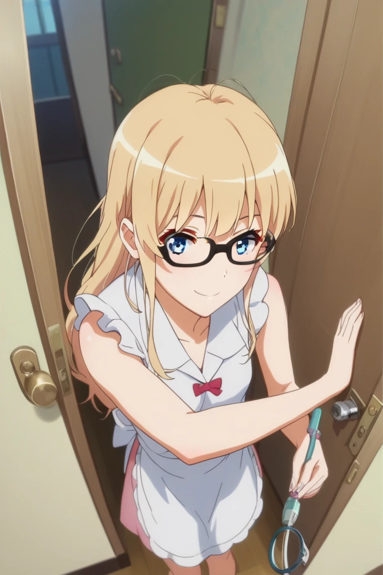 1girl,Eriri blonde hair,blue eyes,sawamura spencer eriri,long hair, small breast, glasses     High Resolution, Masterpiece, High Quality,  anime screencap,  dynamic angle, takeda hiromitsu style,     happy, doorway, greeting, contemporary apartment, apron, pov, smile, sleeveless, hug, hug invation