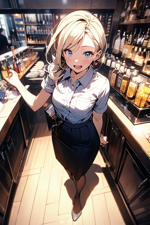 (from above:1.2,Best Quality),a girl , platinum color hair、(from above:1.2,Best Quality),a girl , platinum color hair、bartender uniform,Purplish blue eyes that dreamers desire, small stature, medium , Lori face, (masutepiece:1.2, Best Quality), (finely detailed beautiful eye: 1.2), (beautifull detailed face), (perky chest:1.2), (pointed chest:1.1), (bratender magazine cover:1.5)，(Best Illumination, extremely delicate and beautiful), sexy pose,make a coffee , in a bar counter, morning light, Short bob hair（1:3）,Ultra Contrast、Braid a little around the ears, black bartender uniform dress、Sexy and qute pants、You can't see inside your underwear,mocking look、nffsw,Arms crossed、grab the arm、Shoot 、breastuscular pussy、little Pubic hair,high-level image quality、hightquality、8K,perfect hand、5 fingers、finger pin、Perfect Finger,noise cut、Her hair color should have been a brighter blue,(The bartendre skirt dress part is also carefully expressed:1.4)、the skirt is floating in the wind:1.2、Dark purple panties,(with sparkling eyes and a contagious smile),open mouth, highest quality, high resolution,Real World, Natural light,perfect Natural light, Looking at Viewer,