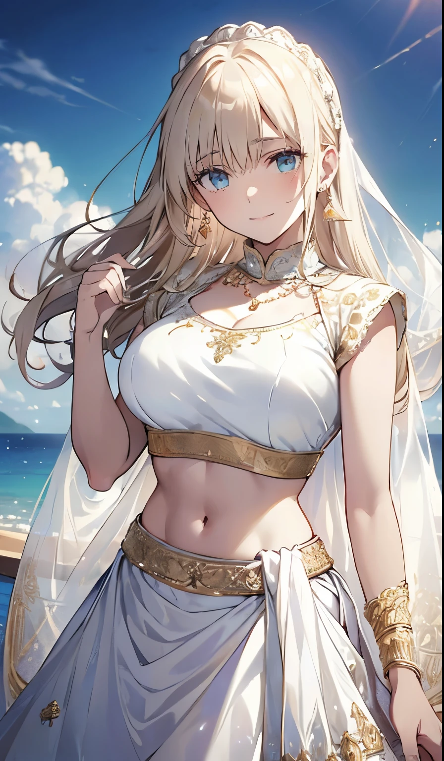 ((smile,smile,Big Breasts,Blonde)),(  top quality,4K,  High Definition :1.2),   Melody Mark, absurd ,  ultra-detailed,  bright color , (white lehenga:1.5) , asymmetrical bang ,  Blonde,  shiny hair, Delicate beautiful face, blush、( deep blue eyes:1.3),  white skin,  hair clip,  earrings for a woman alone,   Necklaces  , Beautiful Clouds, Clear sky,Seaside, sexy pose , moon,Sexy Costumes