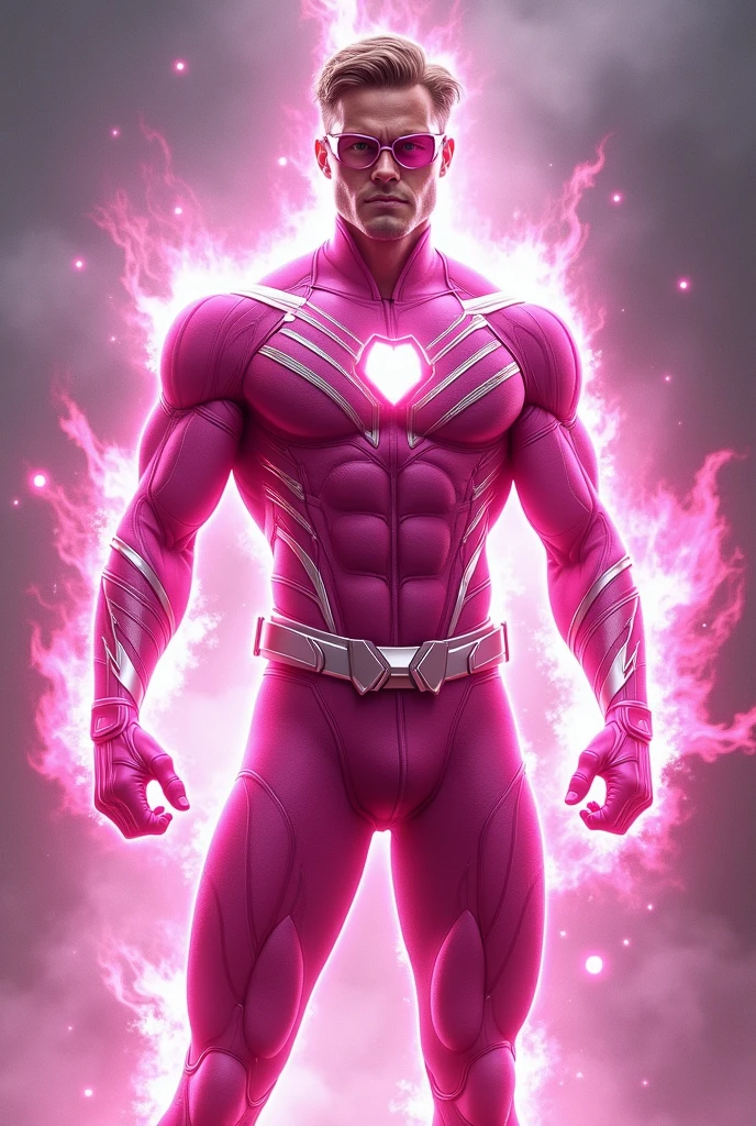Gay Superhero, pink and white outfit with lilac details , A on the chest, Grinning,rays of light coming out of the hands, Atom symbol.
your hair is black, latin man, kimono florida