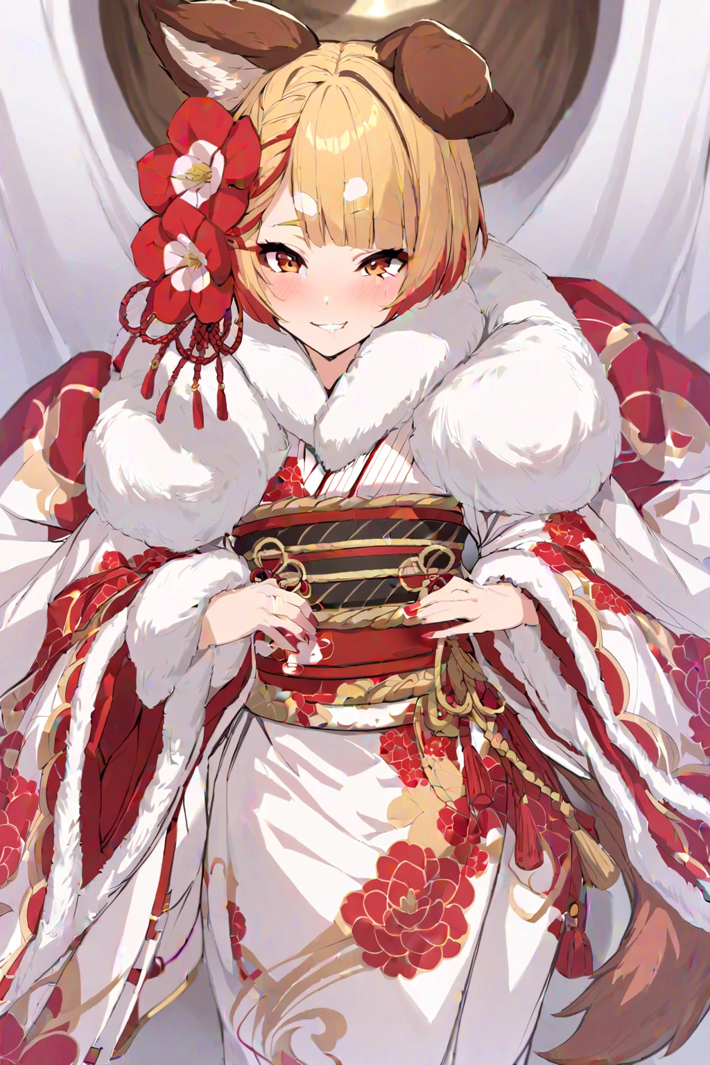 masterpiece, best quality, 1girl, vajrarr, dog tail, red hair flower, red nails, white obi, white kimono, japanese clothes, floral print, white detached sleeves, wide sleeves, long sleeves, fur trim, sash