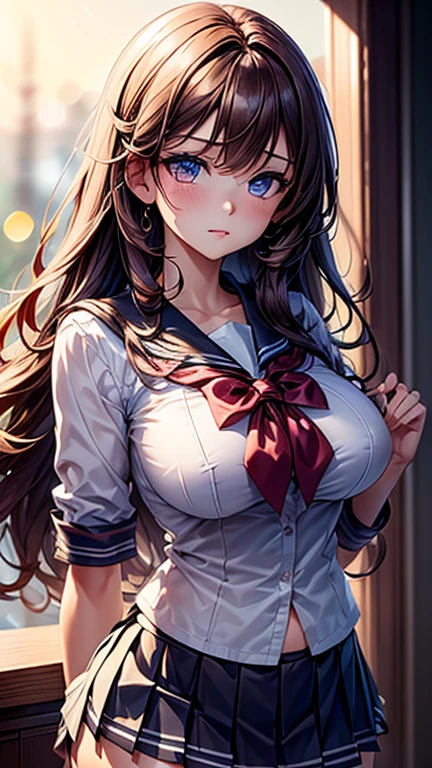 (2girls), Brown hair, Amazing face and eyes, Pink eyes, (hi-school uniform with wide open breasts:1.2), beautiful big breasts, bare breasts, (amazingly beautiful girl), Brown hair, (High School Uniform, Pleated mini-skirt:1.5), ((Best Quality)), (Ultra-detailed), (extremely detailed CG unified 8k wallpaper), Highly detailed, High-definition raw color photos, Professional Photography, (((Bokeh))), depth of fields,
