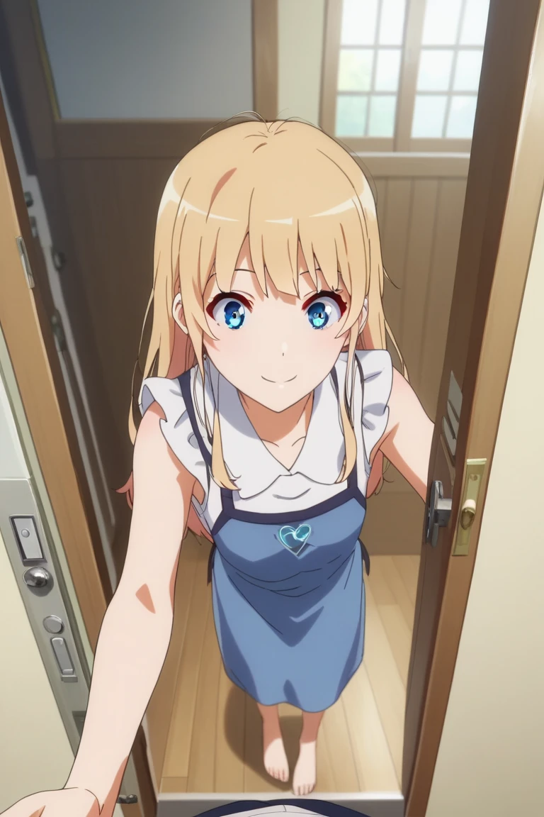 1girl,Eriri blonde hair,blue eyes,sawamura spencer eriri,long hair, small breast,      High Resolution, Masterpiece, High Quality,  anime screencap,  dynamic angle, takeda hiromitsu style,     happy, doorway, greeting, contemporary apartment, apron, pov, smile, sleeveless, feet, barefoot