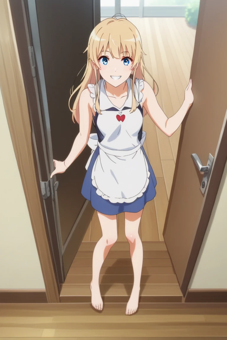 1girl,Eriri blonde hair,blue eyes,sawamura spencer eriri,long hair, small breast,      High Resolution, Masterpiece, High Quality,  anime screencap,  dynamic angle, takeda hiromitsu style,     happy, doorway, greeting, contemporary apartment, apron, pov, smile, sleeveless, feet, barefoot