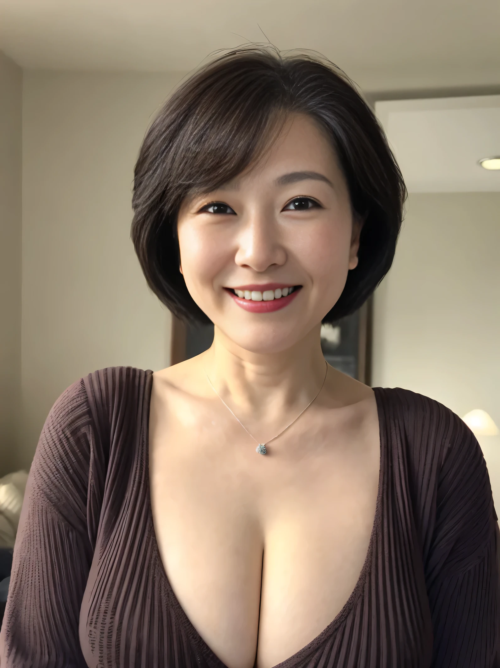 ((aunt:1.1))、(Old face:1.1)、((Beautiful Japan 55 years old naked、A smile、Laughter wrinkles、kneeing on bed、in a luxury hotel、Beautiful Western-style suite with luxurious décor))、Purple bra and purple panties、(Slender Body 1)(Very small breasts)(Saggy)Gravure photography、Photo Pose、(Shiny face、Sexy face、美丽的面容)、Wrinkles at the corners of the eyes、Shorthair、full body photographed、55-year-old married woman、real looking skin、Photo Real、Detailed picture、high-level image quality、、Precise images、full body photographed