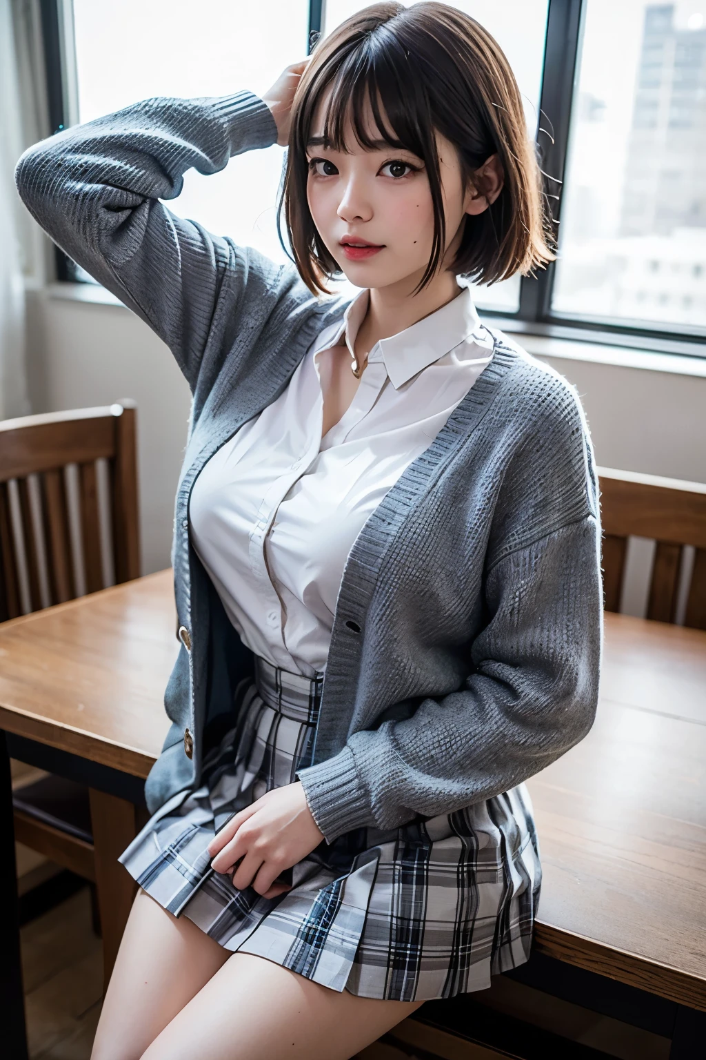 A woman wearing a cardigan standing on the sidewalk,((40-year-old woman))、Hairstyle with bangs、(short hair)、Hairstyles of different lengths、(8K, RAW Photos, highest quality, Tabletop: 1.2),、(Realistic, Realistic: 1.3), Cityscape, Day, Sunny Morning, Professional Lighting, Photon Mapping, Plain white blouse,Collared shirt、 (A woman wearing a cardigan,) (Silk Suit)、Pencil Skirt、Tight Skirt、((Delicate photo))，(女の子の詳細なRAW Photos), (Tabletop:1.25), (highest quality:1.6), (超A high resolution:1.5), (Realistic:1.75), 8k resolution, Canon EOS R5, 50mm, Absurd, Ultra-detailed,Cinema Lighting,(Skirt Lift:1.2)、nsfw:1.1、the wind is strong、smile、Skirt flipped up、(Simple panties)