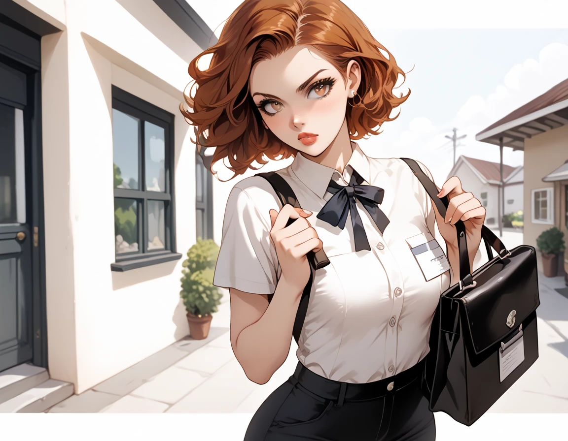 {{score_9, score_8_up, score_7_up, source_anime, rating_safe}} soft shading, 1girl, auburn hair, straight_hair, lips, brown_eyes, employee_uniform, wide_hips, denin_pants, upset, frowning, carrying a satchel, standing at the entry, of a house looking at the viewer.