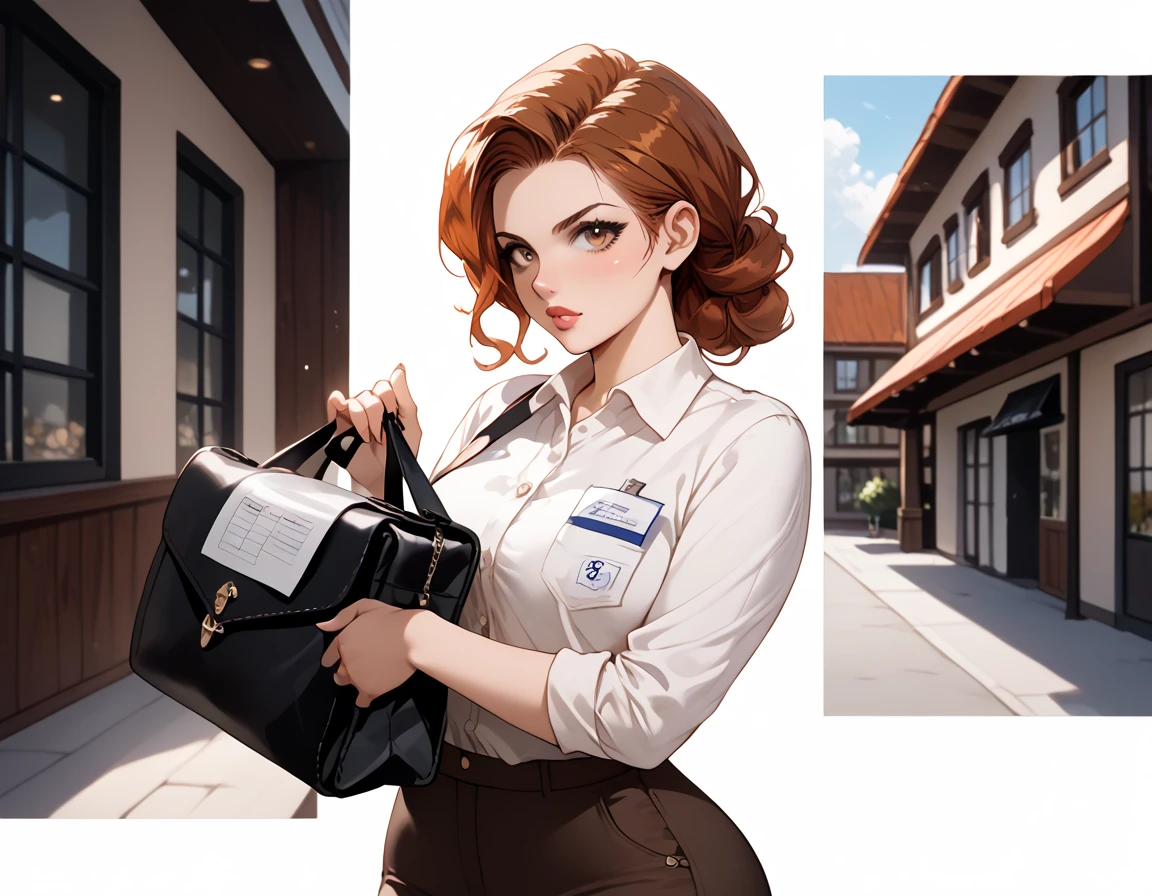 {{score_9, score_8_up, score_7_up, source_anime, rating_safe}} soft shading, 1girl, auburn hair, straight_hair, lips, brown_eyes, employee_uniform, wide_hips, denin_pants, upset, frowning, carrying a satchel, standing at the entry, of a house looking at the viewer.