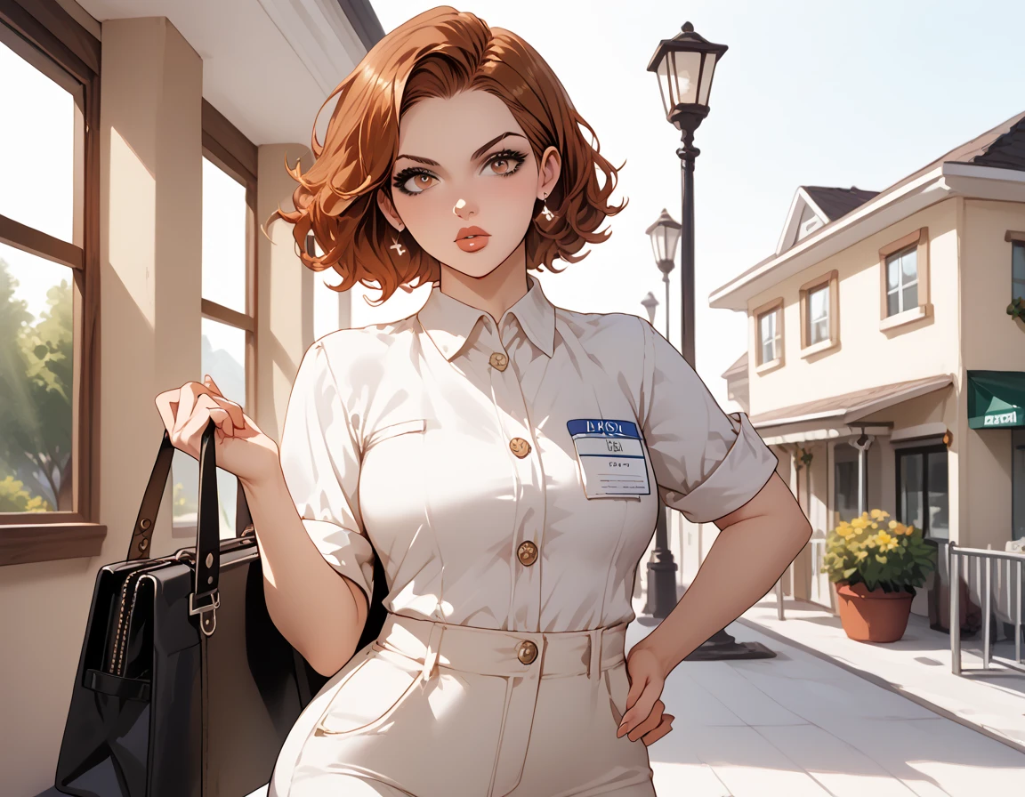 {{score_9, score_8_up, score_7_up, source_anime, rating_safe}} soft shading, 1girl, auburn hair, straight_hair, lips, brown_eyes, employee_uniform, wide_hips, denin_pants, upset, frowning, carrying a satchel, standing at the entry, of a house looking at the viewer.