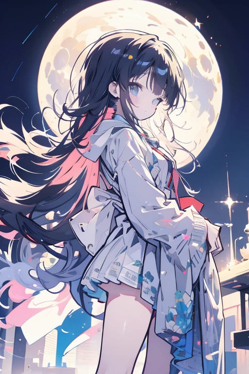 ((masterpiece)), ((best quality)), (ultra-detailed), ((kawaii)), cute, (lovely), illustration, anime style, 1girl, cute girl, solo, (from side:1.3), (midnight:1.3), (full moon:1.5), (moonlight:1.2), (beautiful eyes), beautiful black hair, (long hair), (horseshoe-shaped hairband), slim, slender, glasses, medium breast, (sad smile:1.5).