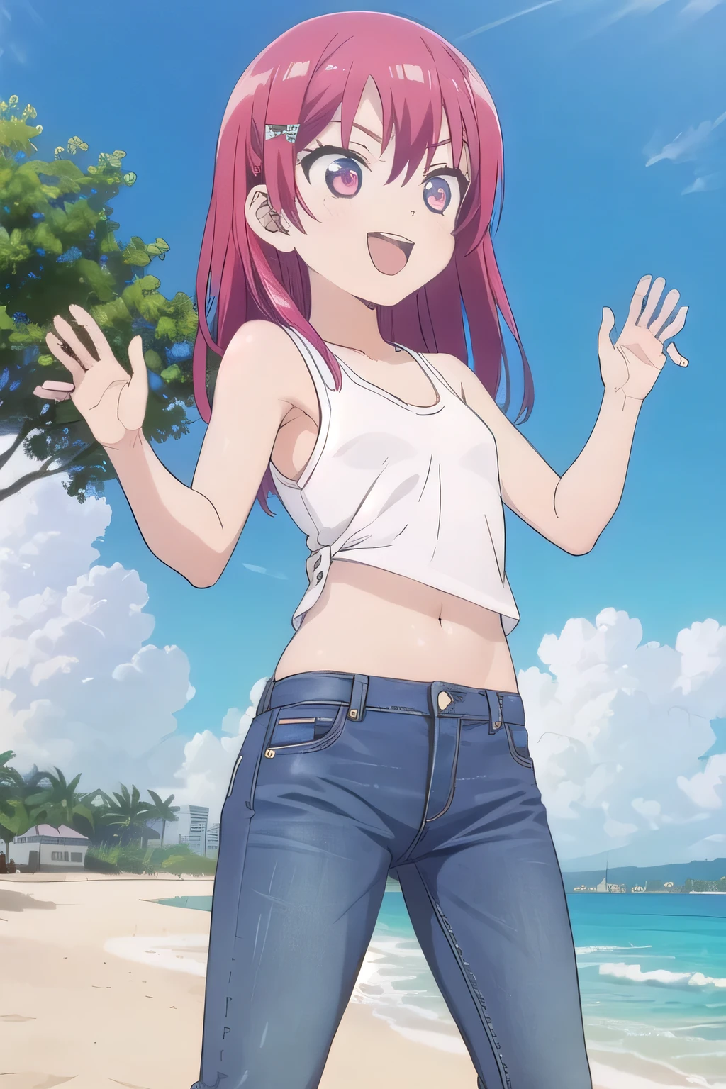 masterpiece,best quality,ultra detail,1girl, yo,pee, smile happily,background((under the beach, (day:1.2), under sand beach, bright sky)), Saki Saki, red eyes, red hair, straight long hair, Raise up your two arms and bring them behind your head, White tank top, White crop top, jeans, blue pants, (flares jeans 1:1), blue jeans, sex pose, (legs spread:3:1), orgasm, from below