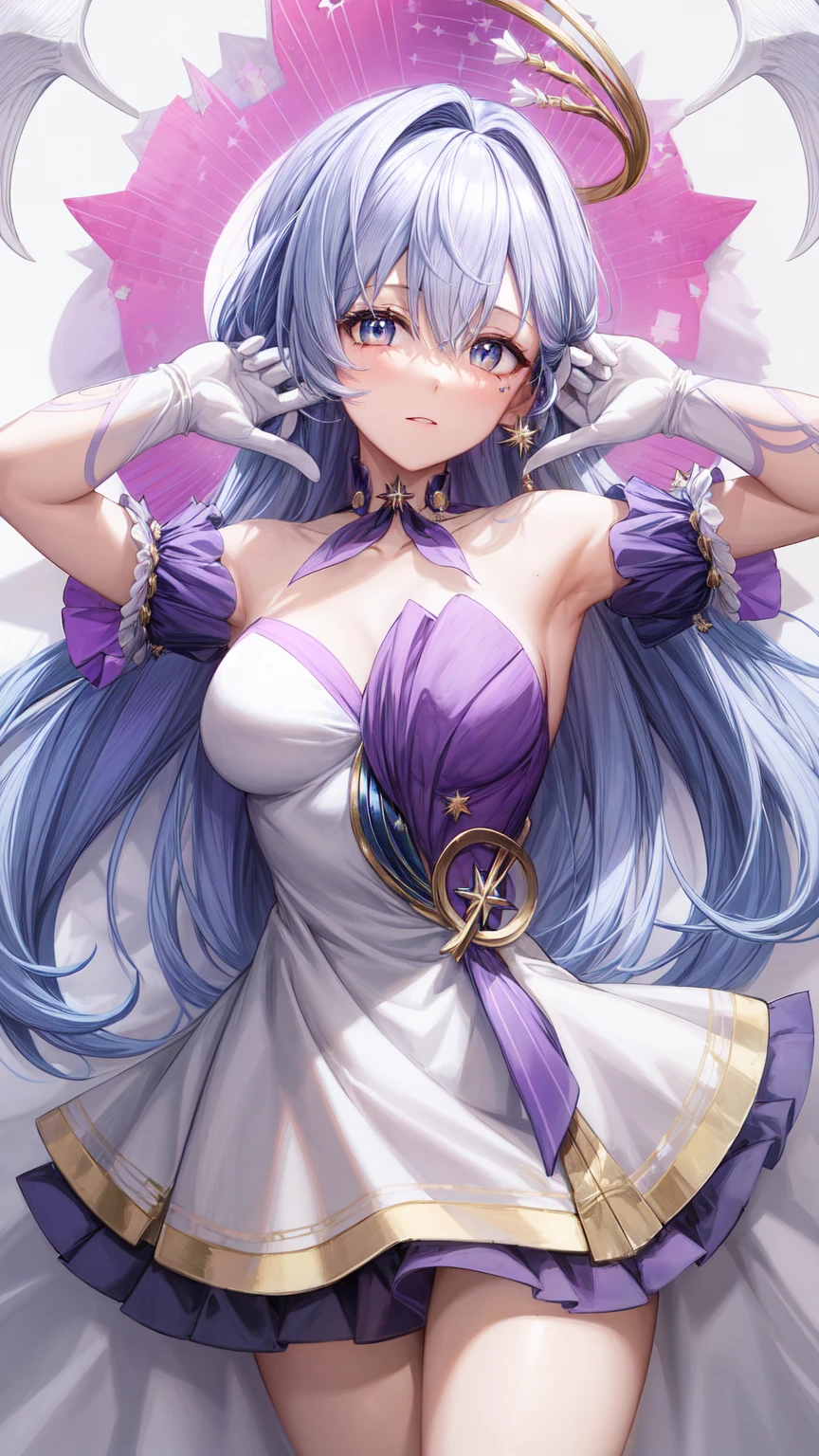 Robin,1 girl,( blue hair:1.0), bare shoulders,halo, white gloves ,earrings, white dress , strapless dress ,Head wings , anatomy,purple dress, removable sleeves ,clavicle,(virtual youtuber:0),, ( masterpiece , better quality , anatomy:1.4), absurdres,