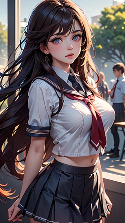 (2girls), Brown hair, Amazing face and eyes, Pink eyes, (hi-school uniform with wide open breasts:1.2), beautiful big breasts, bare breasts, (amazingly beautiful girl), Brown hair, (High School Uniform, Pleated mini-skirt:1.5), ((Best Quality)), (Ultra-detailed), (extremely detailed CG unified 8k wallpaper), Highly detailed, High-definition raw color photos, Professional Photography, (((Bokeh))), depth of fields,
