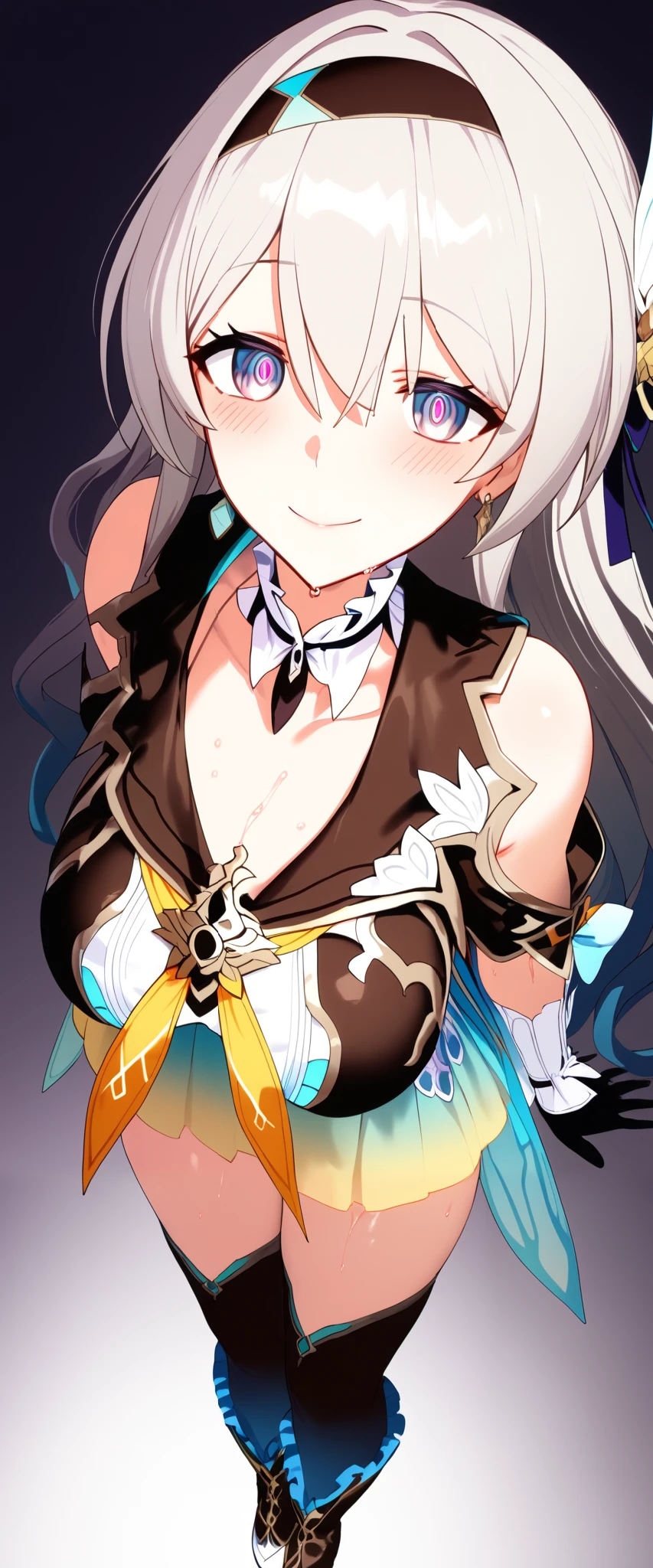 firefly \(honkai: star rail\), black thighhighs, hairband, gradient skirt, hair ornament, blouse, frilled collar, frilled boots, cropped jacket, yellow neckerchief,Mature content,masterpiece, best quality, 1girl, hairband, jewelry, bare shoulders, looking at viewer, blush, gloves, smile, collarbone, elbow gloves, necklace, long hair, earrings, solo focus, thighs, thighhighs ,sexy pose,brainwashed,sexual,sexy,crazy smile,corruption,hypnosis,Illustration,wet,liquid,(Satou Kuuki),huge clear eyes, clear and clean background,
