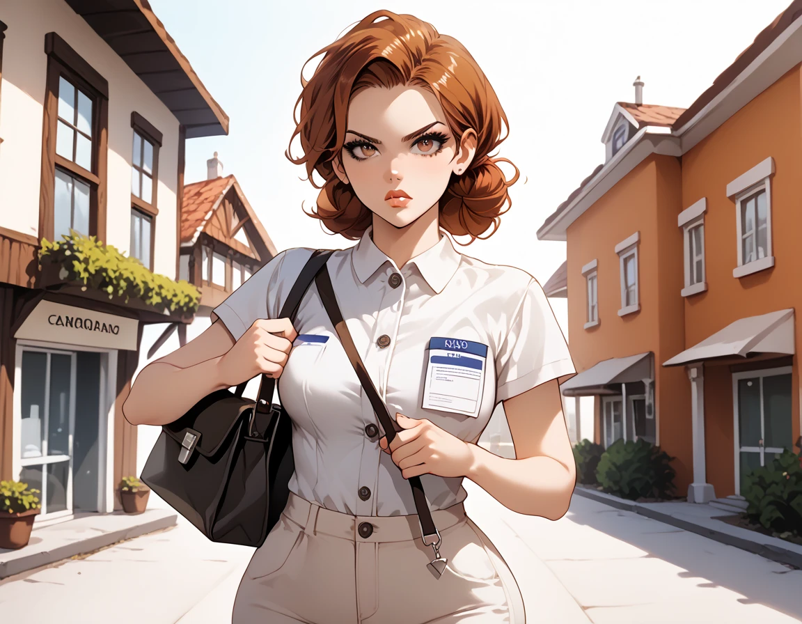 {{score_9, score_8_up, score_7_up, source_anime, rating_safe}} soft shading, 1girl, auburn hair, straight_hair, lips, brown_eyes, employee_uniform, wide_hips, denin_pants, upset, frowning, carrying a satchel, standing at the entry of a house, looking upset at the viewer.