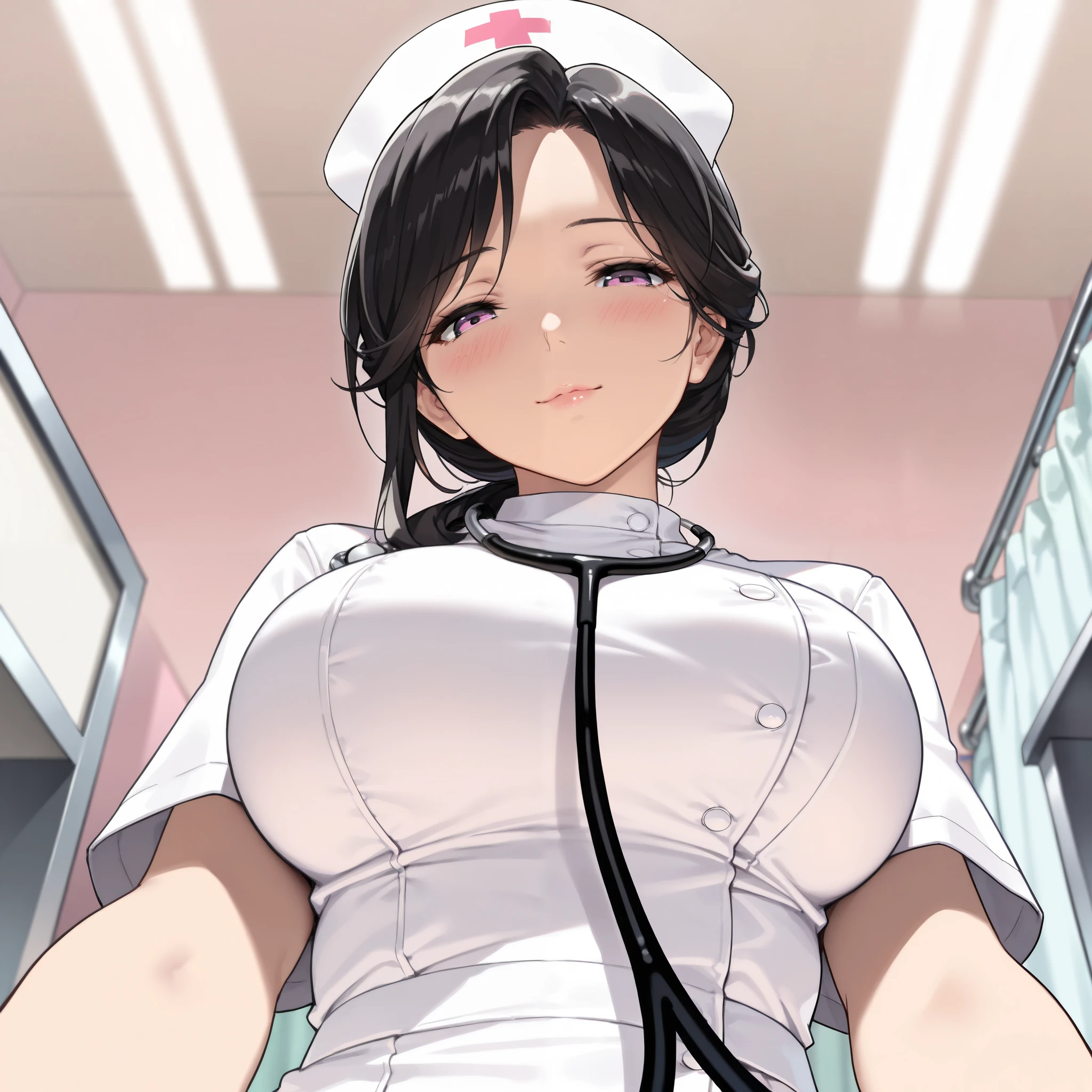 from below, looking down, Stethoscope, 🩺, head tilt, light smile, half-closed eyes, blush, beautiful mature female nurse, short black hair, light purple eyes, nurse costume, nurse hat, beautiful shiny lips, upper body, consultation room, hospital, ward,
(best quality,4k,8k,highres,masterpiece:1.2),ultra-detailed,intricate details, high fashion, dramatic lighting, warm colors, chiaroscuro