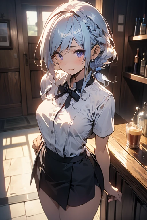 (from above:1.2,Best Quality),a girl , platinum color hair、(from above:1.2,Best Quality),a girl , platinum color hair、bartender uniform,Purplish blue eyes that dreamers desire, small stature, medium , Lori face, (masutepiece:1.2, Best Quality), (finely detailed beautiful eye: 1.2), (beautifull detailed face), (perky chest:1.2), (pointed chest:1.1), (bratender magazine cover:1.5)，(Best Illumination, extremely delicate and beautiful), sexy pose,make a coffee , in a bar counter, morning light, Short bob hair（1:3）,Ultra Contrast、Braid a little around the ears, black bartender uniform dress、Sexy and qute pants、You can't see inside your underwear,mocking look、nffsw,Arms crossed、grab the arm、Shoot 、breastuscular pussy、little Pubic hair,high-level image quality、hightquality、8K,perfect hand、5 fingers、finger pin、Perfect Finger,noise cut、Her hair color should have been a brighter blue,(The bartendre skirt dress part is also carefully expressed:1.4)、the skirt is floating in the wind:1.2、Dark purple panties,(with sparkling eyes and a contagious smile),open mouth, highest quality, high resolution,Real World, Natural light,perfect Natural light, Looking at Viewer,