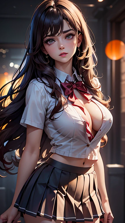 (2girls), Brown hair, Amazing face and eyes, Pink eyes, (hi-school uniform with wide open breasts:1.2), beautiful big breasts, bare breasts, (amazingly beautiful girl), Brown hair, (High School Uniform, Pleated mini-skirt:1.5), ((Best Quality)), (Ultra-detailed), (extremely detailed CG unified 8k wallpaper), Highly detailed, High-definition raw color photos, Professional Photography, (((Bokeh))), depth of fields,
