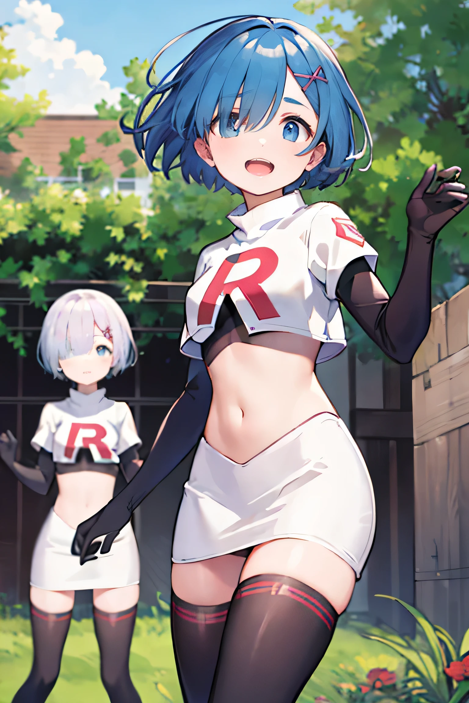  Masterpiece  ,   top quality, Hold high,   two girls,Multiple girls,aaAgainm,  Short hair on the side of the uniform , Blue Hair,   blue eyes,   has hair growing in one eye,  team rocket,  team rocket uniform, Red letter R, White Skirt, white crop top, black thigh high boots ,    Black Elbow Gloves  ,  (smile:1.1),   your mouth on the palm of your hand, (Floating Hair:1.1), (wind:1.1), garden,  continuing in pictorial style , BREAK
 Masterpiece  ,   top quality, Hold high, Ram1,   two girls, Multiple girls,Ram \(Again:zero\),   pink hair,   pink eyes,Short hair on the side of the uniform , Open your eyes again ,   has hair growing in one eye, Ribbon trim,    hair bow ,   x hair accessory ,   team rocket,  team rocket uniform, Red letter R, White Skirt, white crop top, black thigh high boots ,    Black Elbow Gloves  , 