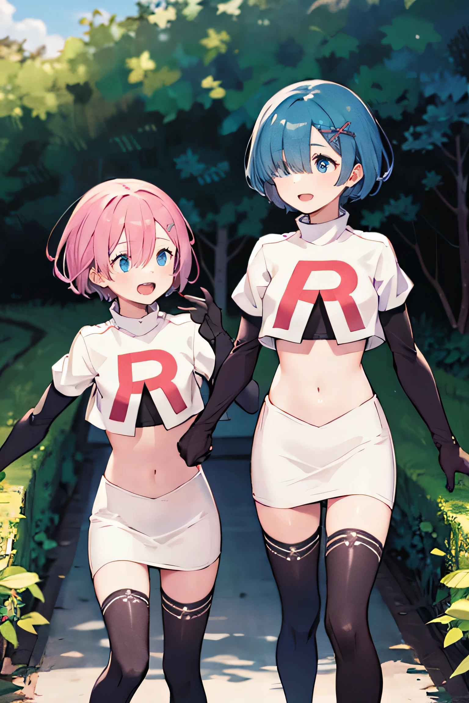  Masterpiece  ,   top quality, Hold high,   two girls,Multiple girls,aaAgainm,  Short hair on the side of the uniform , Blue Hair,   blue eyes,   has hair growing in one eye,  team rocket,  team rocket uniform, Red letter R, White Skirt, white crop top, black thigh high boots ,    Black Elbow Gloves  ,  (smile:1.1),   your mouth on the palm of your hand, (Floating Hair:1.1), (wind:1.1), garden,  continuing in pictorial style , BREAK
 Masterpiece  ,   top quality, Hold high, Ram1,   two girls, Multiple girls,Ram \(Again:zero\),   pink hair,   pink eyes,Short hair on the side of the uniform , Open your eyes again ,   has hair growing in one eye, Ribbon trim,    hair bow ,   x hair accessory ,   team rocket,  team rocket uniform, Red letter R, White Skirt, white crop top, black thigh high boots ,    Black Elbow Gloves  , 