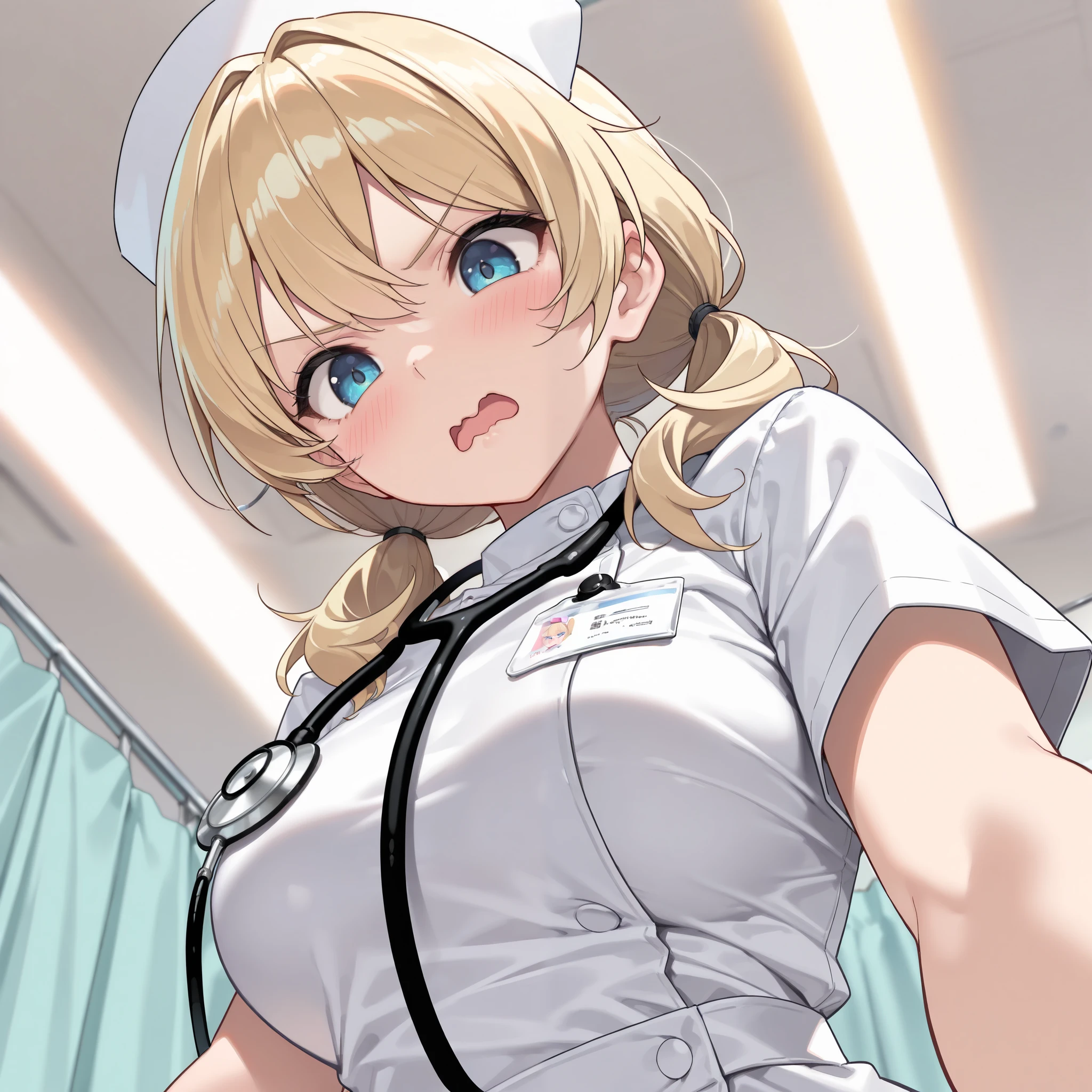 from below, looking down, A stethoscope, 🩺, v-shaped eyebrows, wavy mouth, open mouth, blush, Beautiful mature nurse woman, solo, blonde hair medium hair, twintail hair, blue eyes, nurse costume, Nurse cap, upper body, A consultation room, hospital, A ward, (best quality,4k,8k,highres,masterpiece:1.2),ultra-detailed,intricate details, high fashion, dramatic lighting, warm colors, chiaroscuro