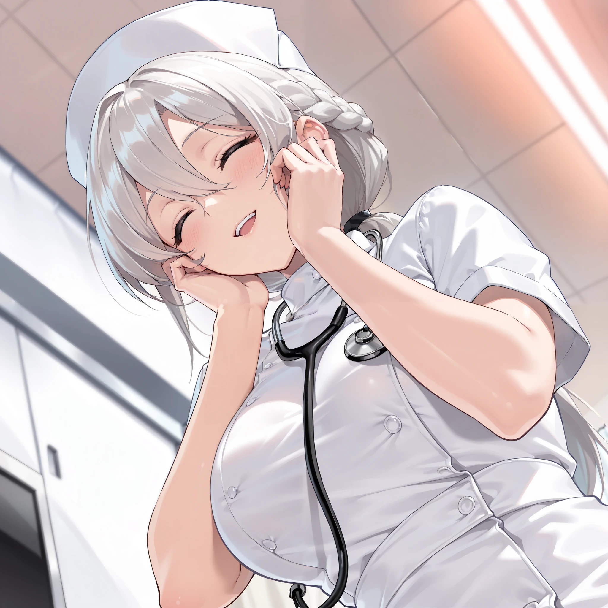 from below, looking down, hands on own face, A stethoscope, 🩺, half open mouth, closed eyes, blush, smile, Beautiful mature nurse woman, solo, silver hair long hair, braid, low ponytail hair, hair between eyes, nurse costume, Nurse cap, upper body, A consultation room, hospital, A ward, (best quality,4k,8k,highres,masterpiece:1.2),ultra-detailed,intricate details, high fashion, dramatic lighting, warm colors, chiaroscuro