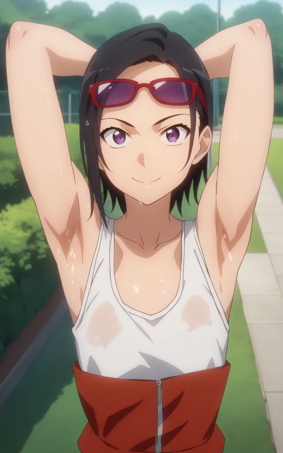 score_9, score_8_up, score_7_up, source_anime, anime screencap, 1girl, solo, satou sakie, medium hair, black hair, purple eyes, red glasses, red jacket, sleeveless jacket, sleeveless, bare shoulders, bare arms, arms behind head, armpits, from above, looking at viewer, head towards viewer, smile, closed mouth, badhandv4, outdoors, day, park, sweaty 