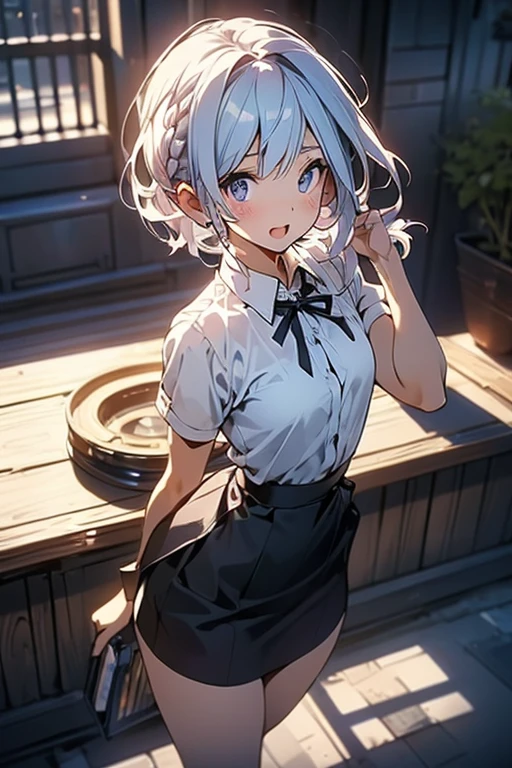 masterpiece, best quality, highres, 1girl ponytail hair ribbon <lora:bluesy_no_outfit:0.5> <lora:bluesy:0.5> neck ribbon, blue vest, sleeveless, white skirt