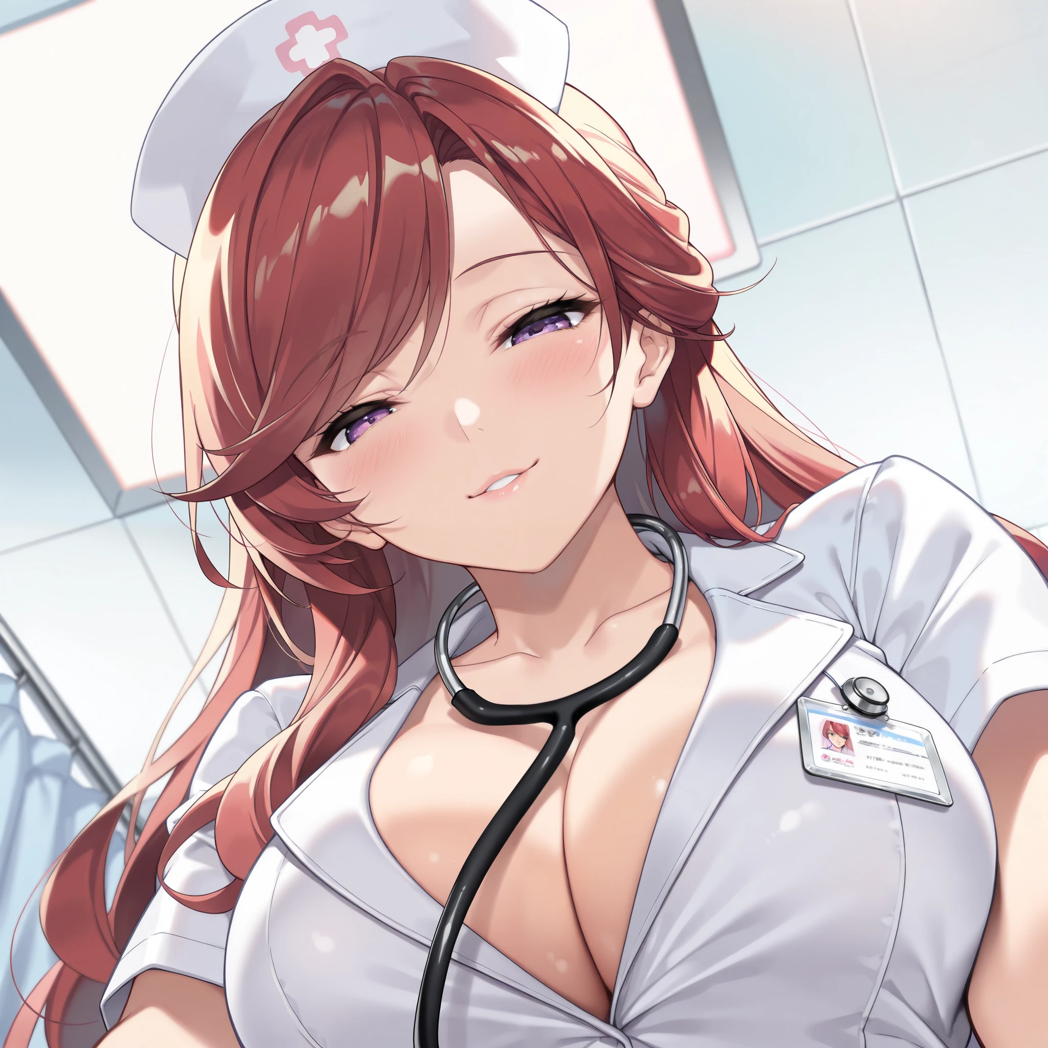 from below, looking down, A stethoscope, 🩺, seductive smile, tonue, Half-closed eyes, blush, Beautiful mature nurse woman, solo, red hair very long hair, swept bangs, purple eyes, nurse costume, Nurse cap, cleavage, large chest, upper body, hospital, A ward, (best quality,4k,8k,highres,masterpiece:1.2),ultra-detailed,intricate details, high fashion, dramatic lighting, warm colors, chiaroscuro