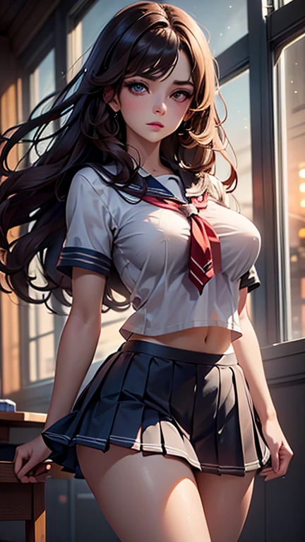 (2girls), Brown hair, Amazing face and eyes, Pink eyes, (hi-school uniform with wide open breasts:1.2), beautiful big breasts, bare breasts, (amazingly beautiful girl), Brown hair, (High School Uniform, Pleated mini-skirt:1.5), ((Best Quality)), (Ultra-detailed), (extremely detailed CG unified 8k wallpaper), Highly detailed, High-definition raw color photos, Professional Photography, (((Bokeh))), depth of fields,
