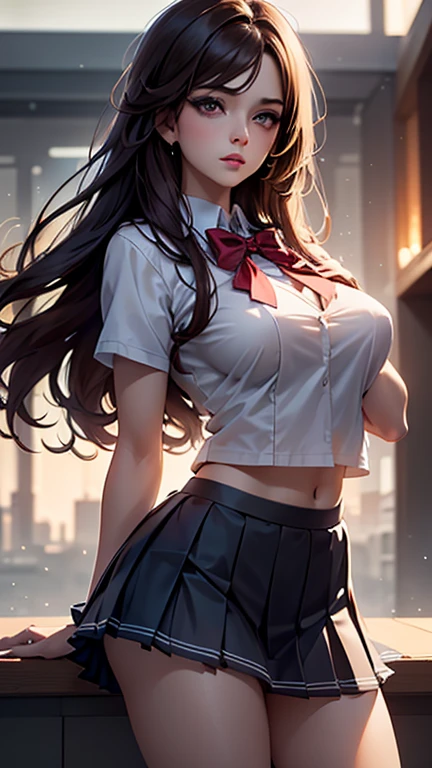 (2girls), Brown hair, Amazing face and eyes, Pink eyes, (hi-school uniform with wide open breasts:1.2), beautiful big breasts, bare breasts, (amazingly beautiful girl), Brown hair, (High School Uniform, Pleated mini-skirt:1.5), ((Best Quality)), (Ultra-detailed), (extremely detailed CG unified 8k wallpaper), Highly detailed, High-definition raw color photos, Professional Photography, (((Bokeh))), depth of fields,
