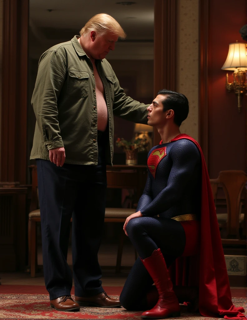 US President Trump stand by Superman. President Trump wearing an unbuttoned olive green denim shirt.Superman sits on his knees and begs US President Trump for forgiveness kiss. In a secret room, a handsome man in a superman costume (think movie version of Superman-black undercut, blue tights and red cape and red boots and red briefs).full body photo 