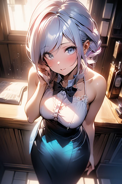 (from above:1.2,Best Quality),a girl , platinum color hair、(from above:1.2,Best Quality),a girl , platinum color hair、bartender uniform,Purplish blue eyes that dreamers desire, small stature, medium , Lori face, (masutepiece:1.2, Best Quality), (finely detailed beautiful eye: 1.2), (beautifull detailed face), (perky chest:1.2), (pointed chest:1.1), (bratender magazine cover:1.5)，(Best Illumination, extremely delicate and beautiful), sexy pose,make a coffee , in a bar counter, morning light, Short bob hair（1:3）,Ultra Contrast、Braid a little around the ears, black bartender uniform dress、Sexy and qute pants、You can't see inside your underwear,mocking look、nffsw,Arms crossed、grab the arm、Shoot 、breastuscular pussy、little Pubic hair,high-level image quality、hightquality、8K,perfect hand、5 fingers、finger pin、Perfect Finger,noise cut、Her hair color should have been a brighter blue,(The bartendre skirt dress part is also carefully expressed:1.4)、the skirt is floating in the wind:1.2、Dark purple panties,(with sparkling eyes and a contagious smile),open mouth, highest quality, high resolution,Real World, Natural light,perfect Natural light, Looking at Viewer,