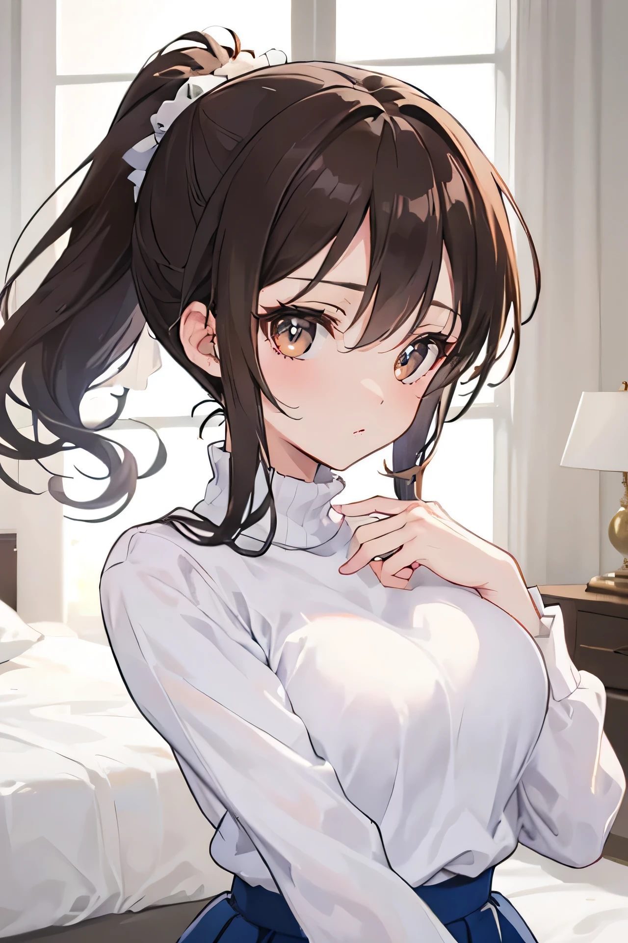 anime artwork, score_9, score_8_up, score_7_up, score_6_up, score_5_up, solo, perfect eyes, detailed eyes, beautiful female, detailed face, dynamics lines, 20 year old, perfect beautiful face, long eyelashes, sharp eyes pupils, (bedroom:1.3), (upper body:1.5), medium breasts, wide hips, hips,,1 girl, brown eyes, brown hair, ponytail, high ponytail, side bangs, parted bangs, pink sweater, white turtleneck sweater, blue pleated skirt, mini skirt, black pantyhose, front view