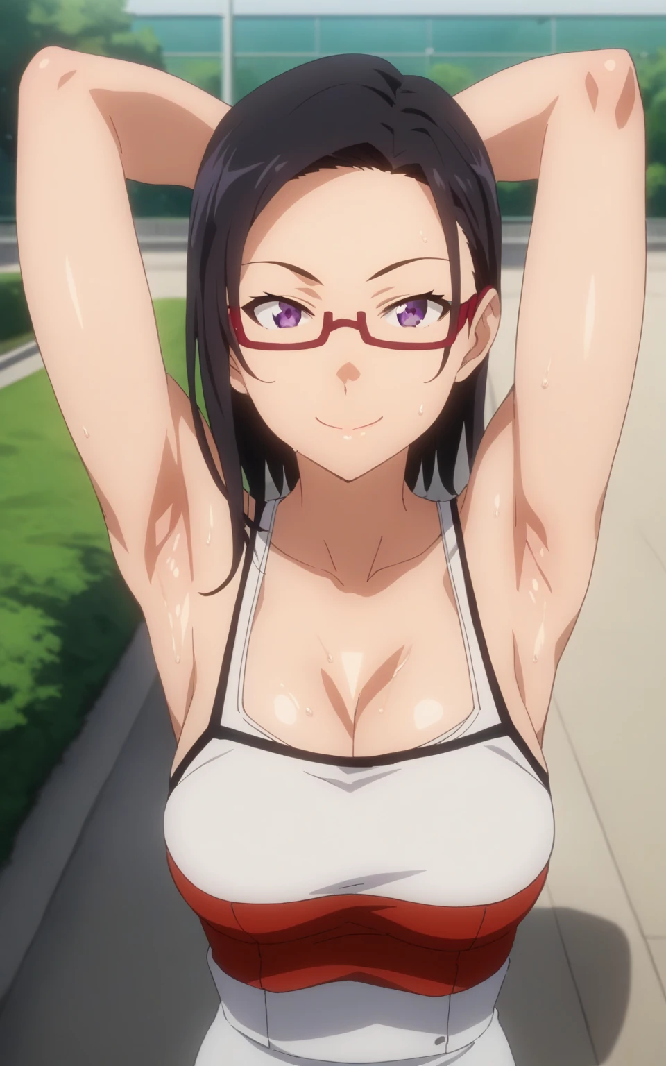 score_9, score_8_up, score_7_up, source_anime, anime screencap, 1girl, solo, satou sakie, medium hair, black hair, purple eyes, glasses, red jacket, sleeveless, large breasts,bare shoulders, bare arms, arms behind head, armpits, from above, looking at viewer, head towards viewer, smile, closed mouth, badhandv4, outdoors, day, park, sweaty 