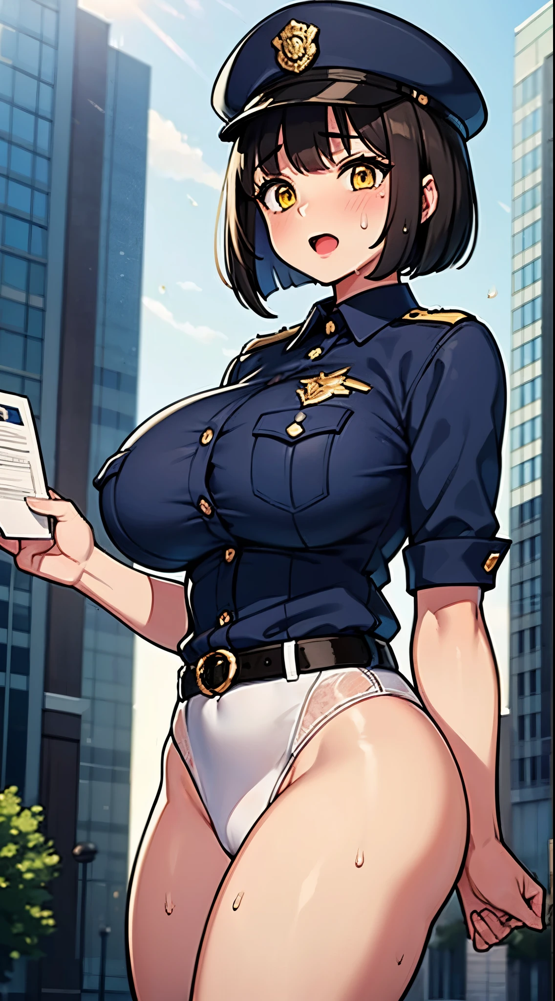 ( perfect body), top quality,( 8K Portrait ),( official art)、(((Muscular)))、(Police hat)、Surprised、 one girl 、  photo showing test style  、((thick thighs))、:THE、Wavy Mouth,(sweat),(((( big breasts))))、( big butt )、 thick thighs、(dark hair),(( bob cut )), short hair to be shouldered, ( yellow eyes)、Armpits、((Police uniform、 white shirt for one woman、 white panties))、 white knee socks 、Hands behind the back、(In the city)