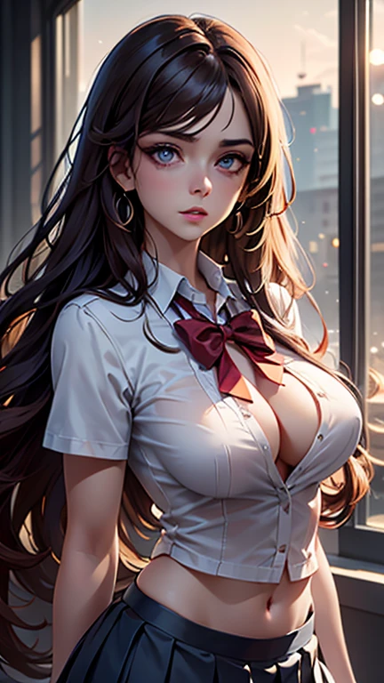 (2girls), Brown hair, Amazing face and eyes, Pink eyes, (hi-school uniform with wide open breasts:1.2), beautiful big breasts, bare breasts, (amazingly beautiful girl), Brown hair, (High School Uniform, Pleated mini-skirt:1.5), ((Best Quality)), (Ultra-detailed), (extremely detailed CG unified 8k wallpaper), Highly detailed, High-definition raw color photos, Professional Photography, (((Bokeh))), depth of fields,
