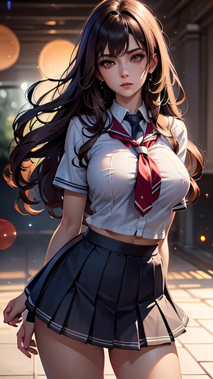 (2girls), Brown hair, Amazing face and eyes, Pink eyes, (hi-school uniform with wide open breasts:1.2), beautiful big breasts, bare breasts, (amazingly beautiful girl), Brown hair, (High School Uniform, Pleated mini-skirt:1.5), ((Best Quality)), (Ultra-detailed), (extremely detailed CG unified 8k wallpaper), Highly detailed, High-definition raw color photos, Professional Photography, (((Bokeh))), depth of fields,
