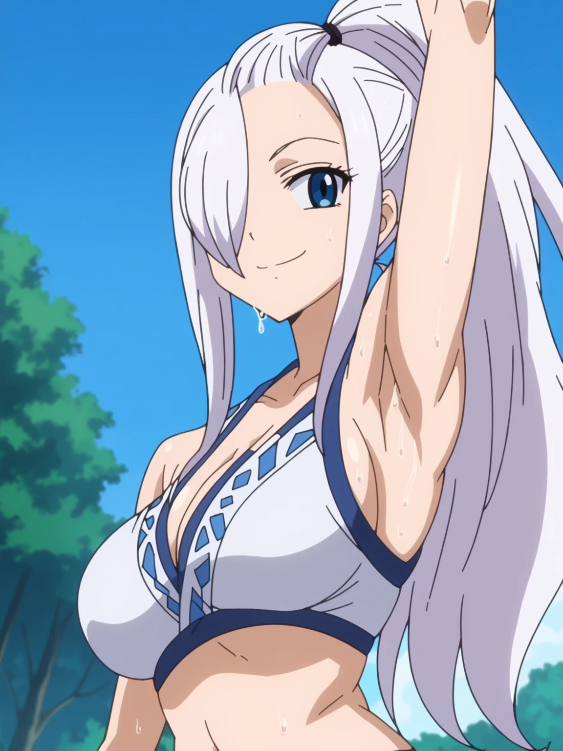 score_9, score_8_up, score_7_up, source_anime, anime screencap, 1girl, solo, mirahane strauss, long hair, white hair, blue eyes, large breasts, navel, cleavage, bare shoulders, ponytail, japanese clothes, hair over one eye, high ponytail, sarashi, arm up, raised arm, armpit, armpit focus, from side, from below, (sweaty:0.9), (looking at viewer:1.1), head towards viewer, smile, smug, closed mouth, outdoors, river, badhandv4