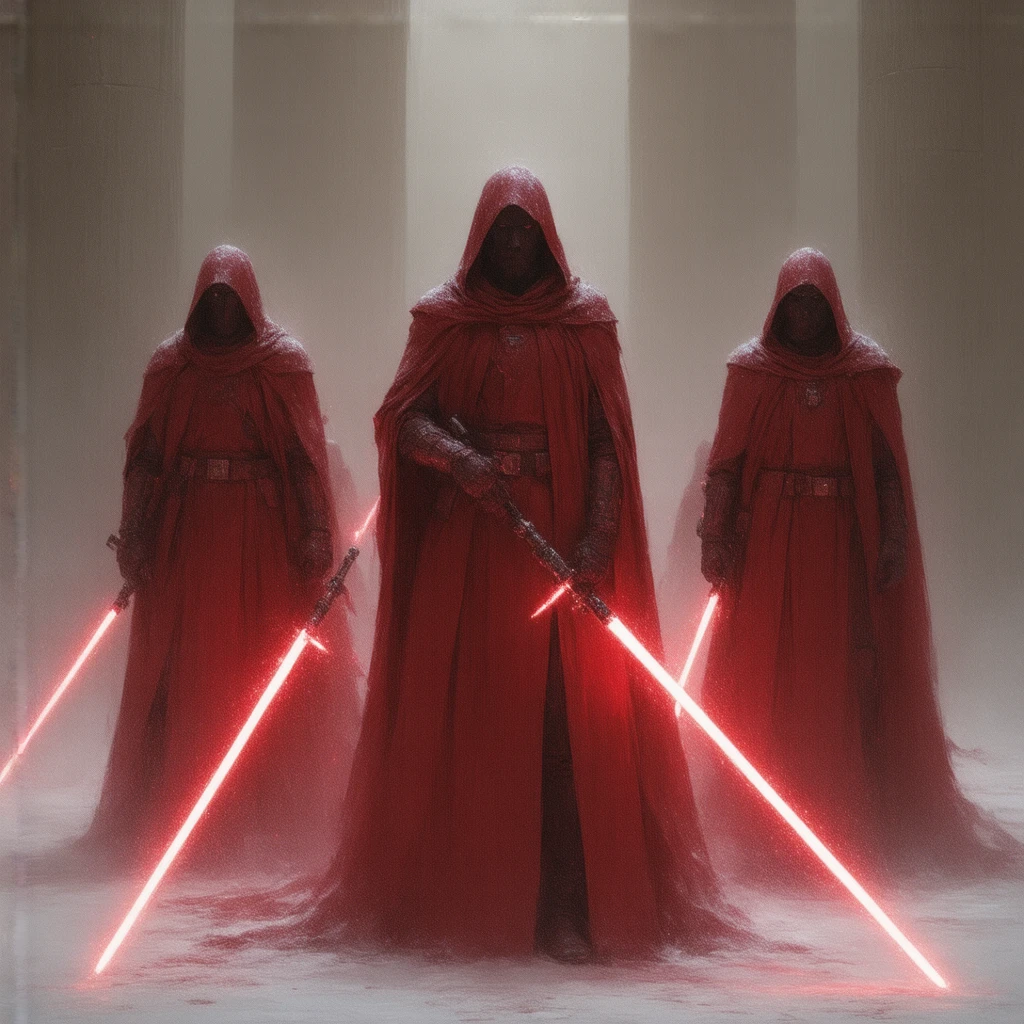 Here's the reformulated prompt:

# Scene Description
Create a vivid depiction of three Imperial Praetorian Guards from the Star Wars universe, standing proudly within the grandeur of Emperor Palpatine's throne room on the Galactic Empire's capital planet, Byss. Focus on intricate details:

1. *Armor*: Intricately designed red and black Imperial Royal Guard armor, with precise craftsmanship and Imperial insignia.
2. *Facial Expressions*: Stern, loyal, and alert, reflecting unwavering dedication to the Emperor.
3. *Background*: Opulent, high-ceilinged throne room architecture with subtle lighting highlighting the guards, Imperial banners, and Palpatine's imposing throne.

# Weapon Details
1. *Guard 1*: Laser sword (similar to a lightsaber) with:
- Slim, Imperial-style hilt
- Vibrant, pulsing blue blade
- Energy emanating from the sword
1. *Guard 2*: Laser spear with:
- Elongated, high-tech shaft
- Glowing red spearhead
- Reflective Imperial surface detailing
1. *Guard 3*: Laser whip with:
- Flexible, glowing blue tendrils
- Crackling electricity
- Ergonomic, Imperial-designed handle

# Additional Details
1. *Lighting*: Soft, ambient glow emphasizing armor, weapons, and Imperial architecture.
2. *Composition*: Symmetrical, emphasizing unity and strength.
3. *Mood*: Powerful, regal, imposing, and ominous.
4. *Color Scheme*: Primarily red, black, and silver, reflecting Imperial aesthetics.