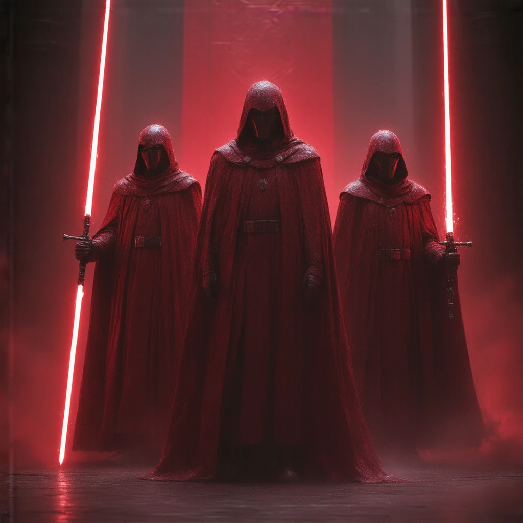 Here's the reformulated prompt:

# Scene Description
Create a vivid depiction of three Imperial Praetorian Guards from the Star Wars universe, standing proudly within the grandeur of Emperor Palpatine's throne room on the Galactic Empire's capital planet, Byss. Focus on intricate details:

1. *Armor*: Intricately designed red and black Imperial Royal Guard armor, with precise craftsmanship and Imperial insignia.
2. *Facial Expressions*: Stern, loyal, and alert, reflecting unwavering dedication to the Emperor.
3. *Background*: Opulent, high-ceilinged throne room architecture with subtle lighting highlighting the guards, Imperial banners, and Palpatine's imposing throne.

# Weapon Details
1. *Guard 1*: Laser sword (similar to a lightsaber) with:
- Slim, Imperial-style hilt
- Vibrant, pulsing blue blade
- Energy emanating from the sword
1. *Guard 2*: Laser spear with:
- Elongated, high-tech shaft
- Glowing red spearhead
- Reflective Imperial surface detailing
1. *Guard 3*: Laser whip with:
- Flexible, glowing blue tendrils
- Crackling electricity
- Ergonomic, Imperial-designed handle

# Additional Details
1. *Lighting*: Soft, ambient glow emphasizing armor, weapons, and Imperial architecture.
2. *Composition*: Symmetrical, emphasizing unity and strength.
3. *Mood*: Powerful, regal, imposing, and ominous.
4. *Color Scheme*: Primarily red, black, and silver, reflecting Imperial aesthetics.