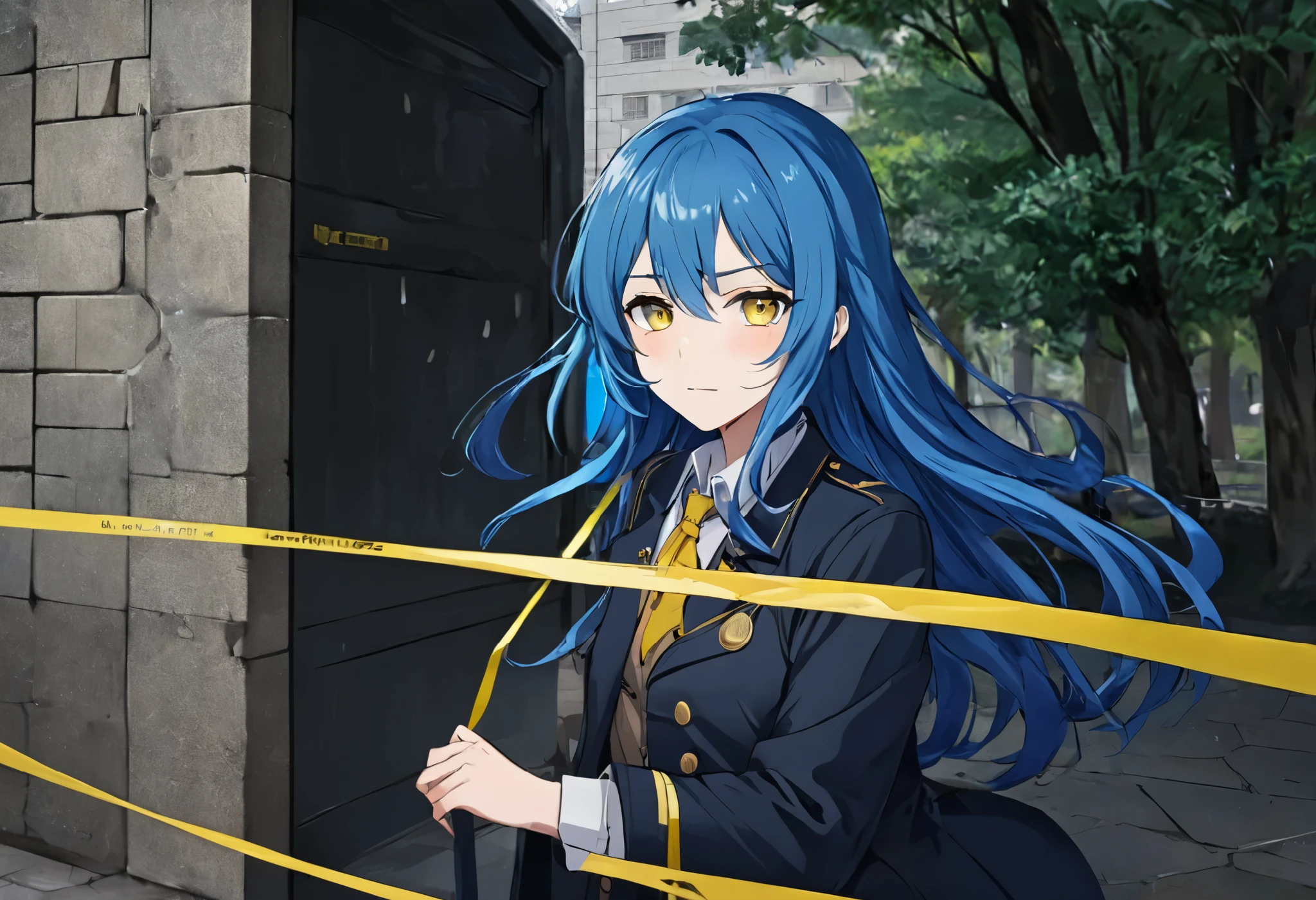 Incident Occurred 、The entrance to the park 、 inside the yellow keep out tape 、 anime girl with long blue hair, severe face 、 Detective Outfit , Detective Coat ,  has a yellow tape prohibiting entry on one side、Enter the restricted zone detective,    Portrait of a Detective ,   Anime Moe Art Style , Girls Frontline Style, 