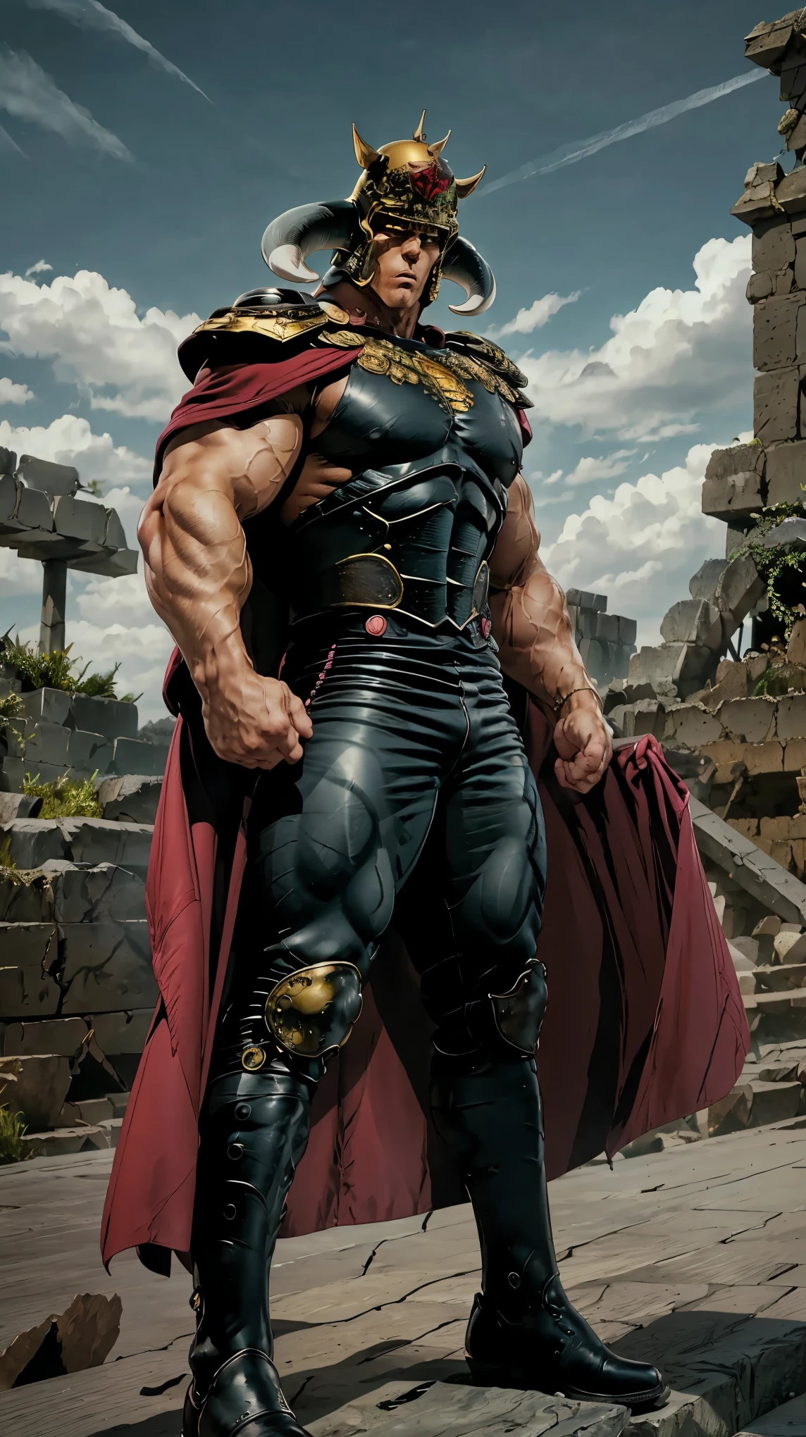 8K images、Raoh from Fist of the North Star(:1.5)、doping  、Muscular、 Leather Armor、Black leather pants 、wearing a helmet 、 red cloak、 boots、The face of hatred 、 stare at me with eyes wide open、Eyes with dark eyes shining clearly 、  bodybuilder physique  、Ruins、 black background、 stand with feet shoulder-width apart  、 Flashy action pose 、Show your palm here and decide on a pose、 Full Body Discharge 、 Overflowing fighting spirit 、戦場のRuins、 wearing an aura 、Full body drawing of walking powerfully、storm